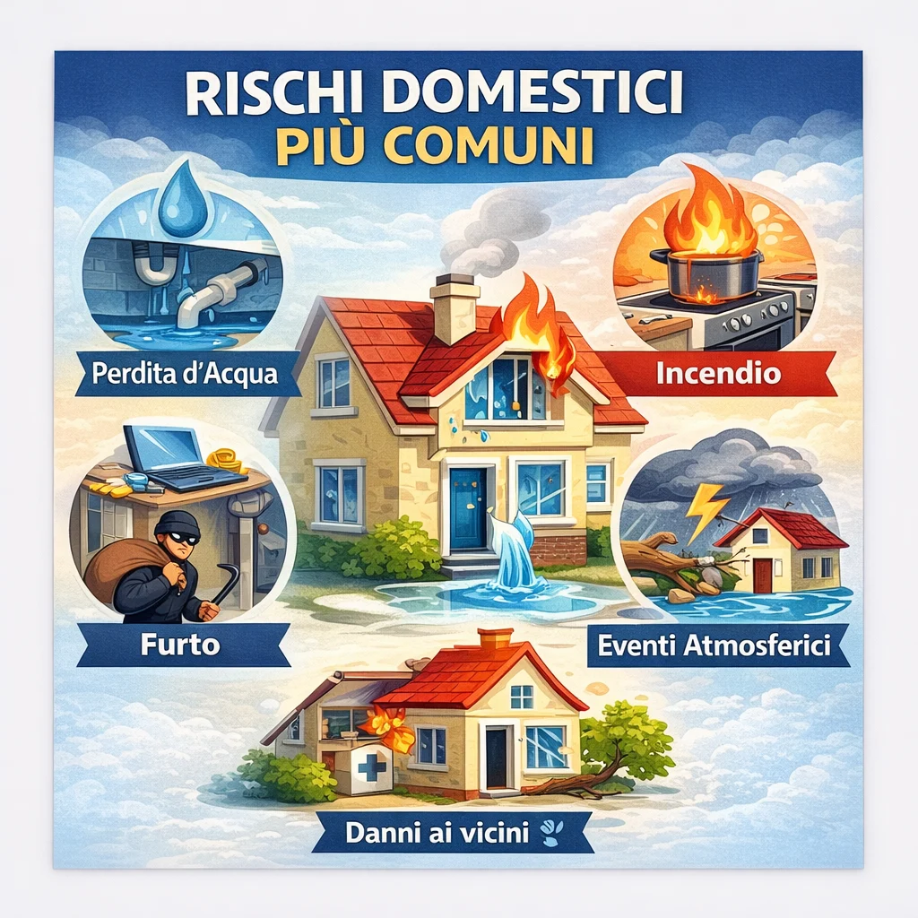Infografica rischi domestici più comuni in casa: perdita d’acqua, incendio, furto, eventi atmosferici e danni ai vicini coperti dall’assicurazione casa