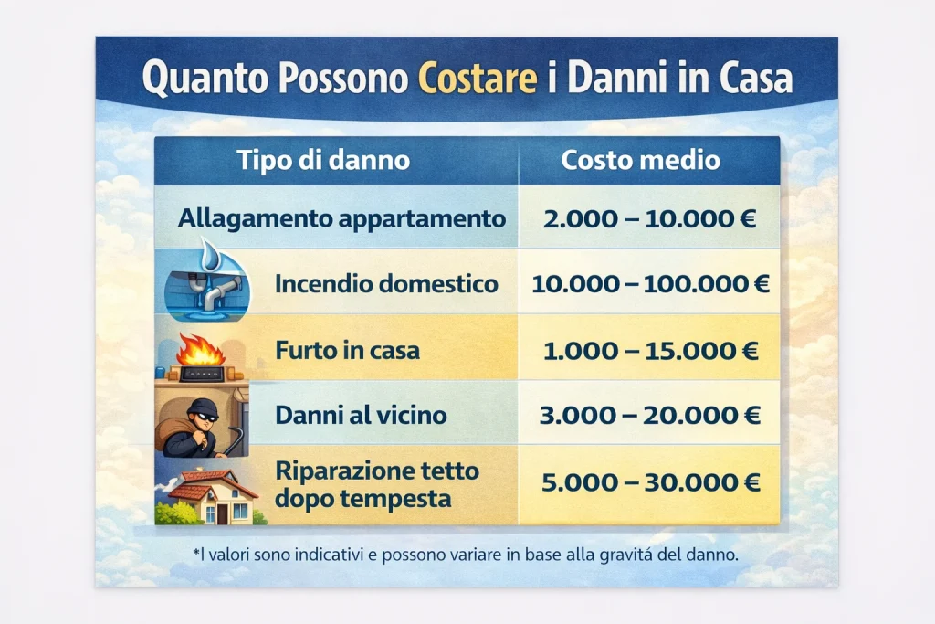Tabella costi danni domestici in casa: allagamento, incendio domestico, furto, danni ai vicini e riparazione tetto con costi medi dei sinistri