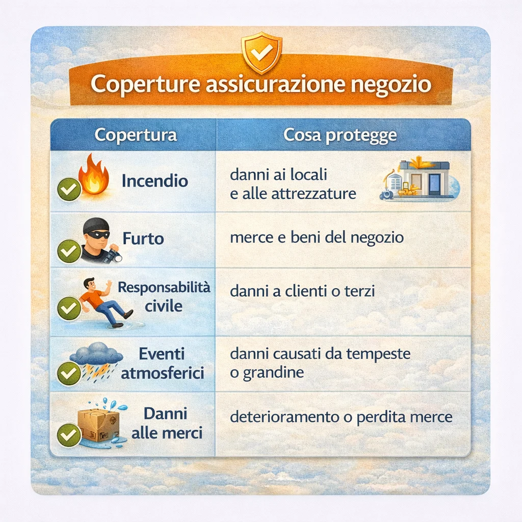 Tabella coperture assicurazione negozio con incendio, furto, responsabilità civile, eventi atmosferici e danni alle merci