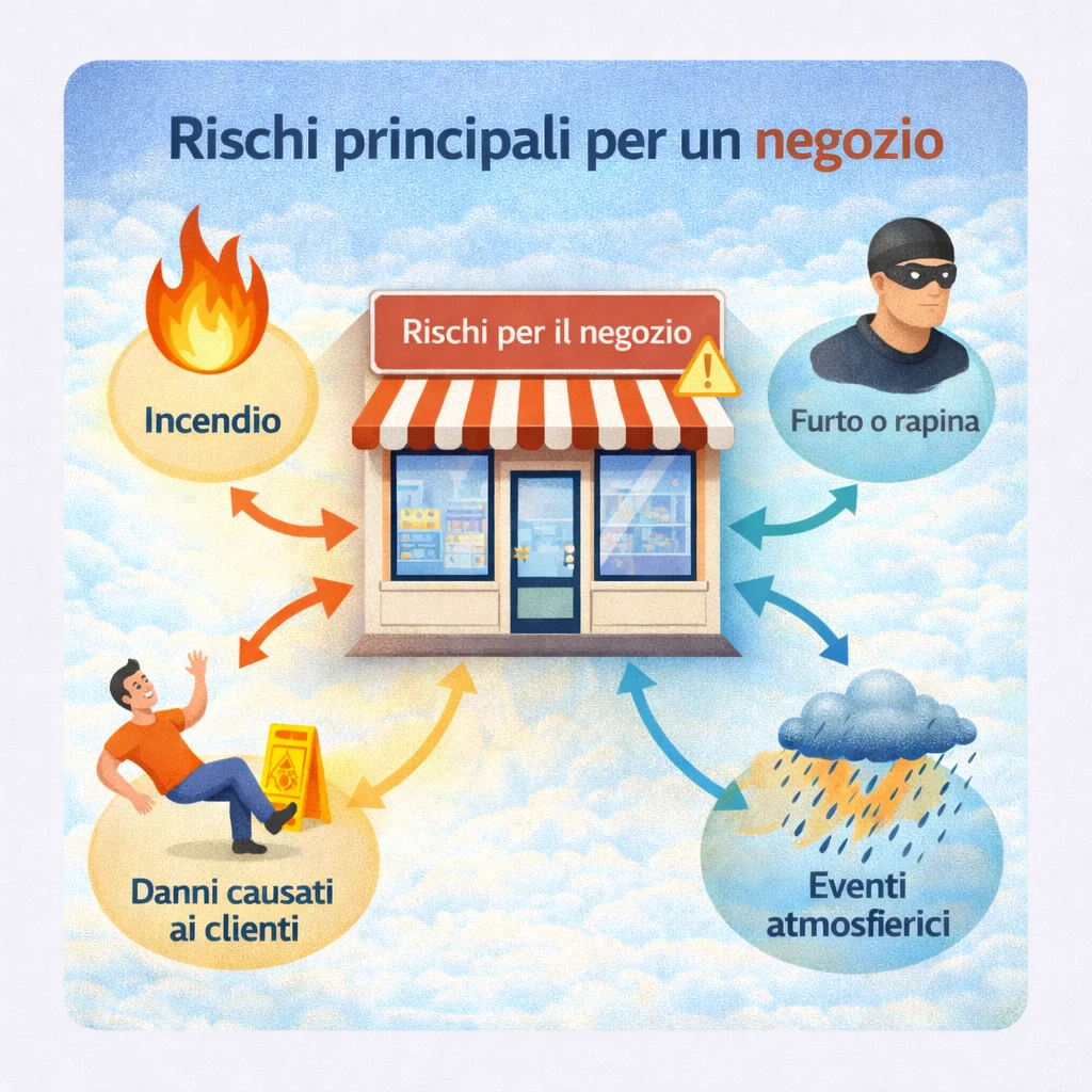 Infografica rischi principali per un negozio con incendio, furto o rapina, danni ai clienti ed eventi atmosferici coperti dall’assicurazione negozio
